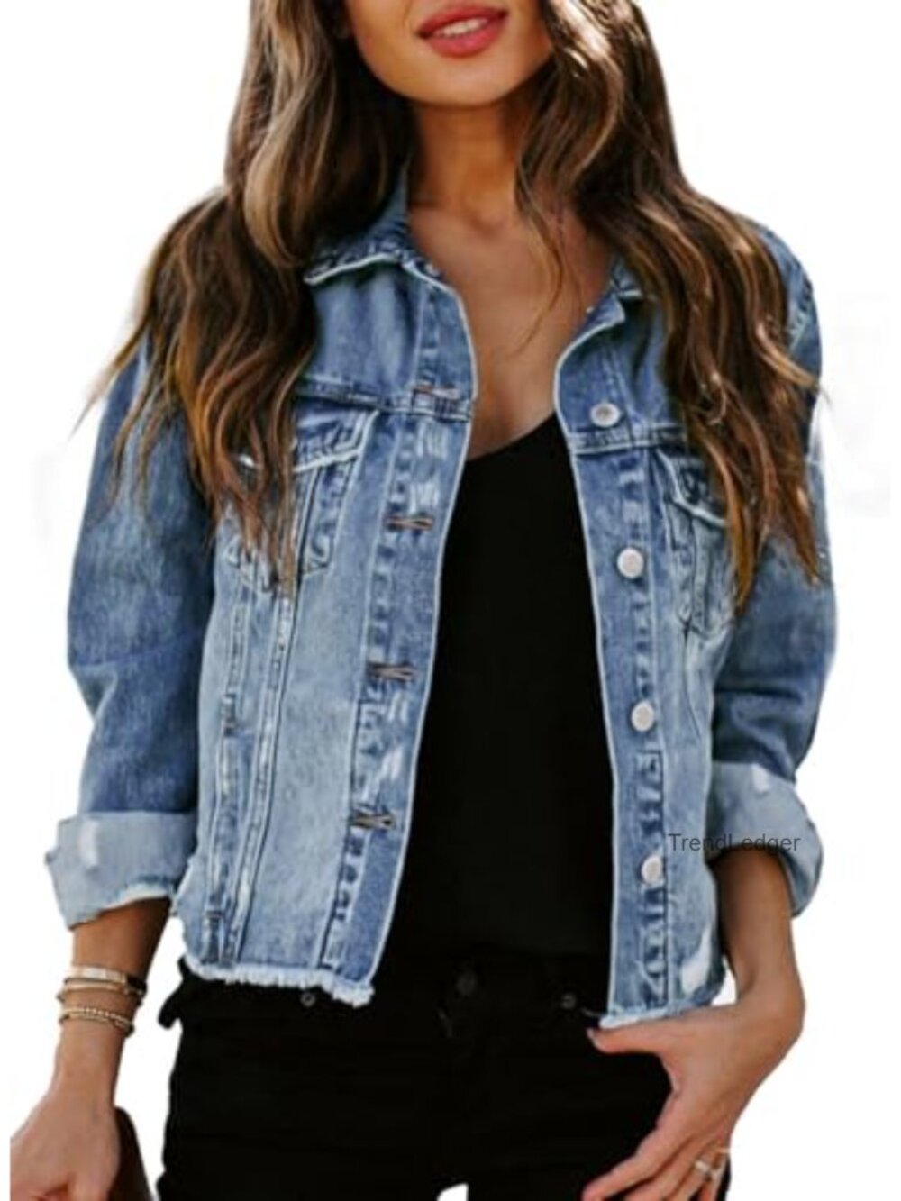 Cropped Denim Jacket Women Long Sleeve Button Down Ripped Jean Shacket